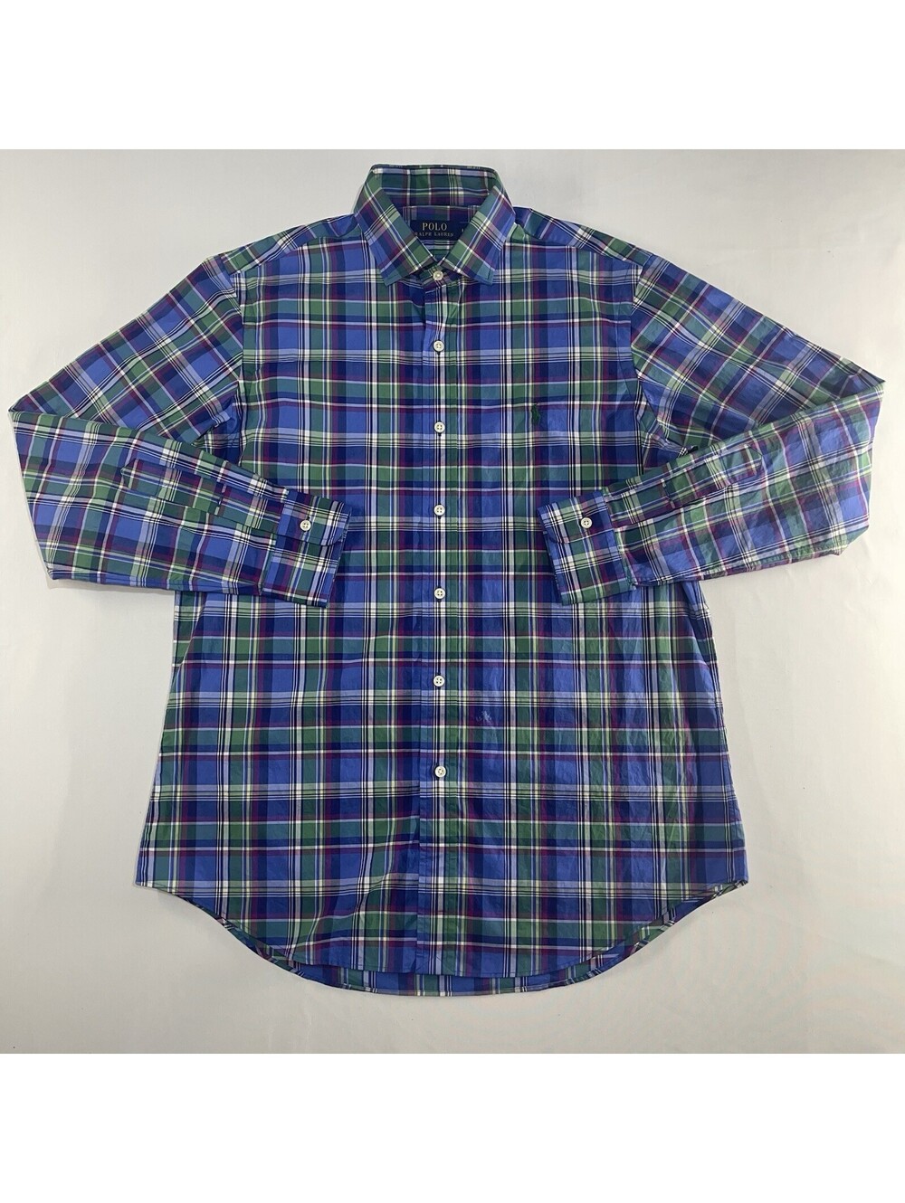 Polo Ralph Lauren Shirt Mens Medium L\S Blue Green Plaid Preppy Dadcore Casual